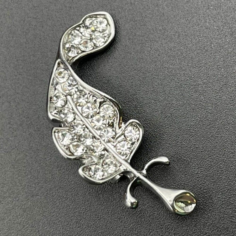 Silver with White Diamond Crystal Single Feather Pin Back Brooch
